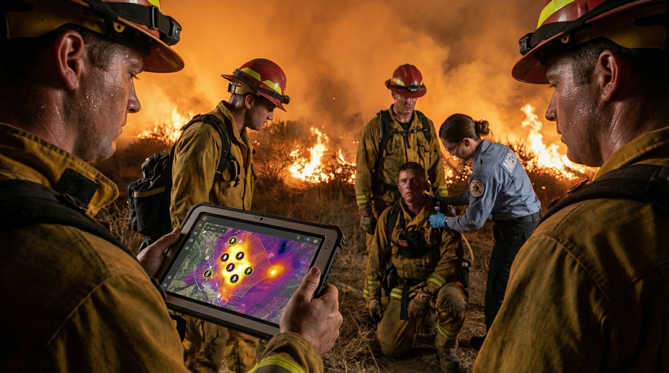 Firefighters in protective gear using a tablet with thermal imaging software in front of a burning landscape.