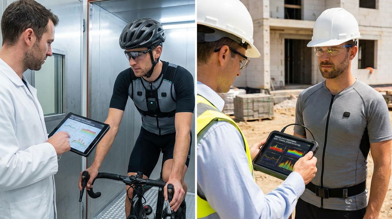 Person wearing a cycling suit with sensors, interacting with devices in an indoor setting and outdoor construction site.