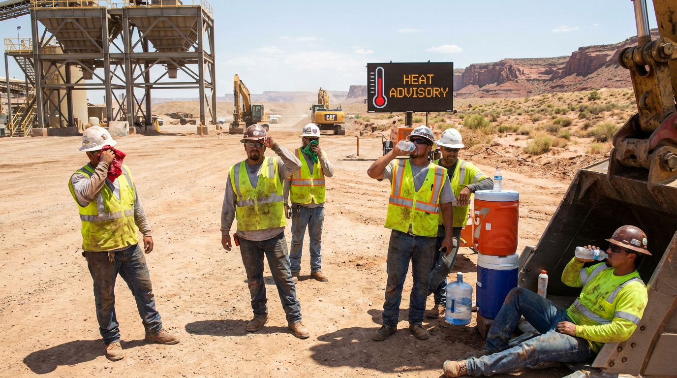 Workers in a desert setting with a 'Heat Advisory' sign and construction equipment.