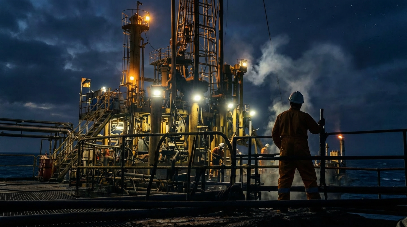 Person on an oil rig platform at night with equipment and lights illuminating the scene.