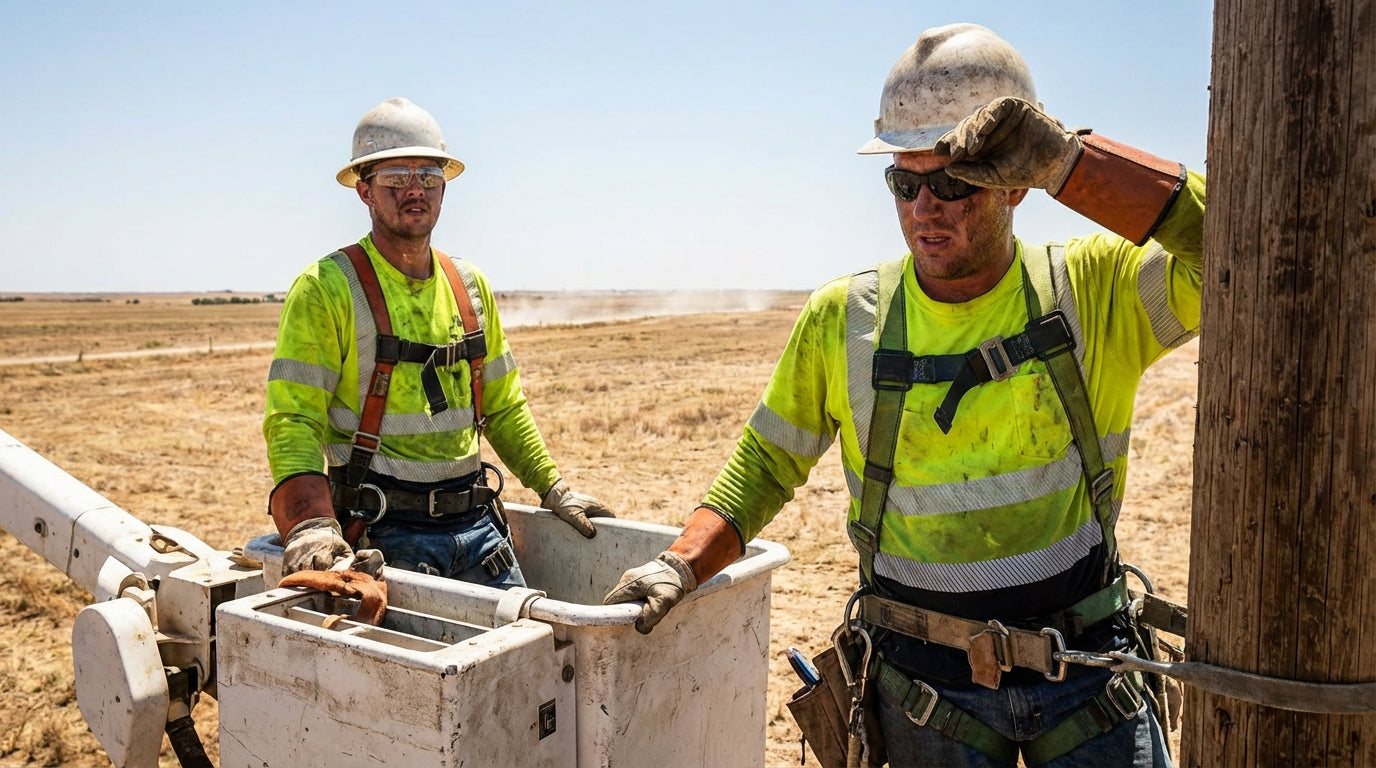 Two workers in high-visibility clothing working on a power line in an open field.