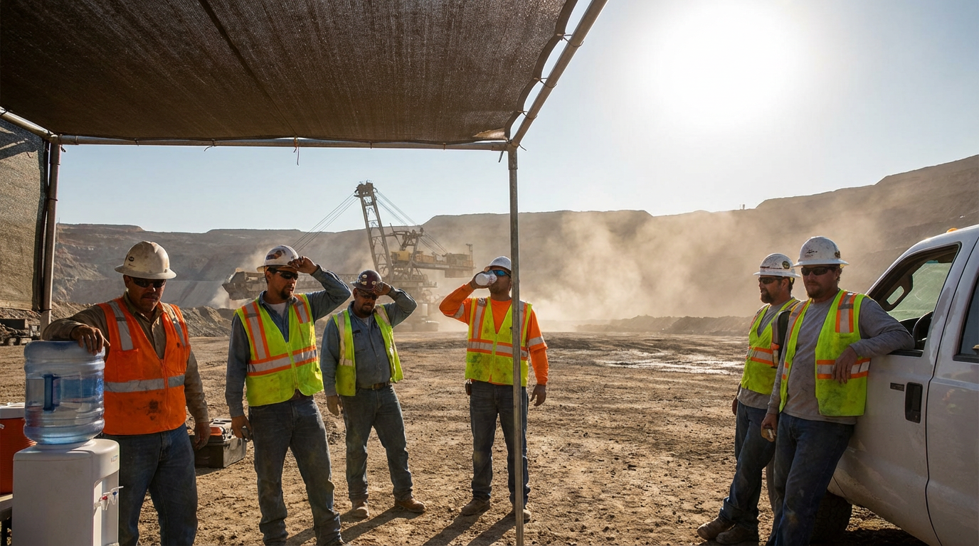 Group of construction workers in a desert-like setting with a truck and shade structure.