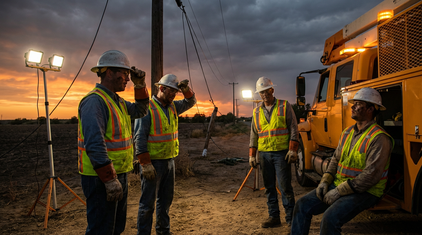 Four construction workers in high-visibility vests and hard hats standing near a piece of construction equipment at sunset.