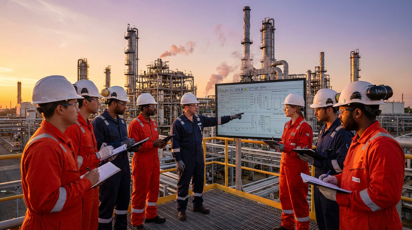Group of engineers in safety gear discussing in front of an industrial plant with a large screen.