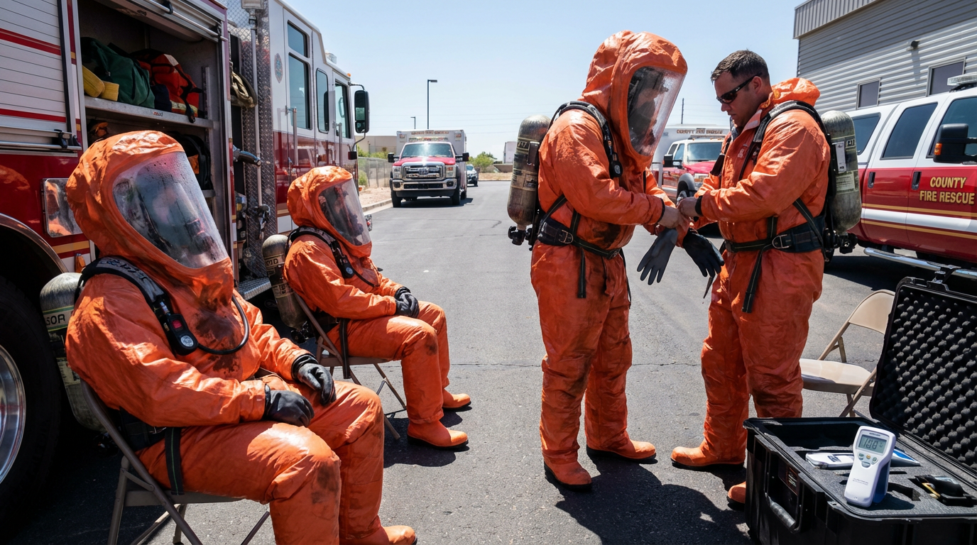 Person in orange hazmat suit being assisted by another person near emergency vehicles.