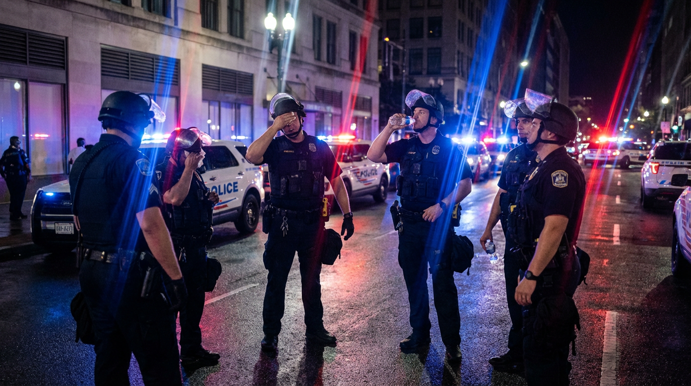 Police officers on a city street at night with lights and buildings in the background