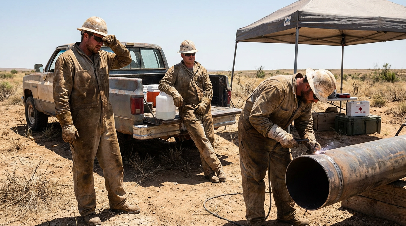 Three workers in a desert setting with a truck and equipment, one holding a large pipe.