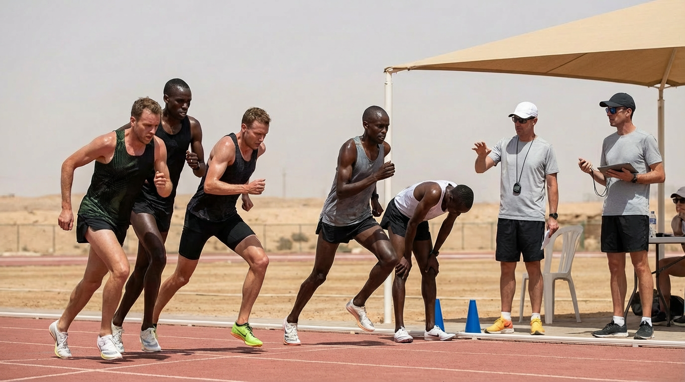 Athletes running on a track with coaches observing under a tent.