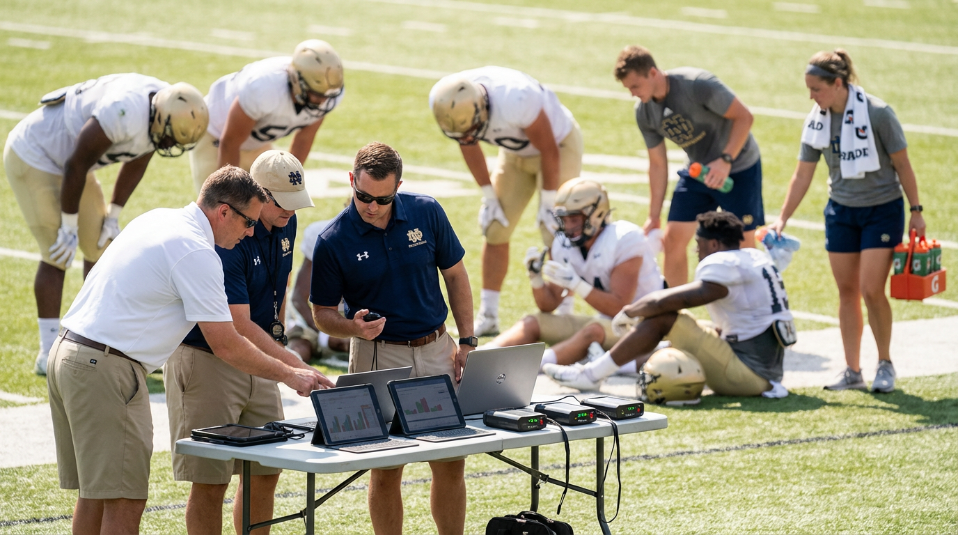 Coaches and players on a football field with laptops and tablets.