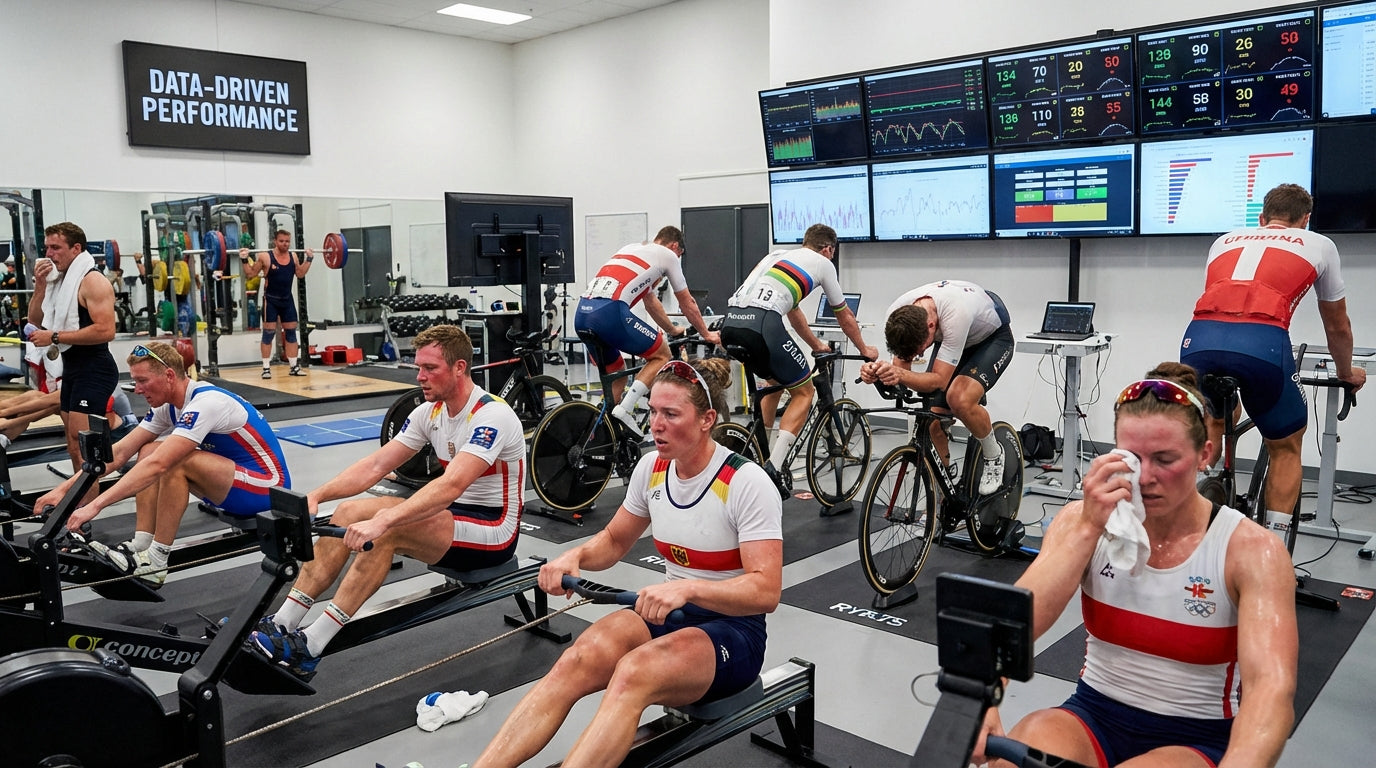 Athletes training in a high-tech sports facility with various exercise equipment and digital displays.