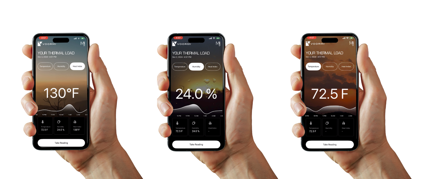 Three hands holding smartphones displaying different temperature and humidity readings.
