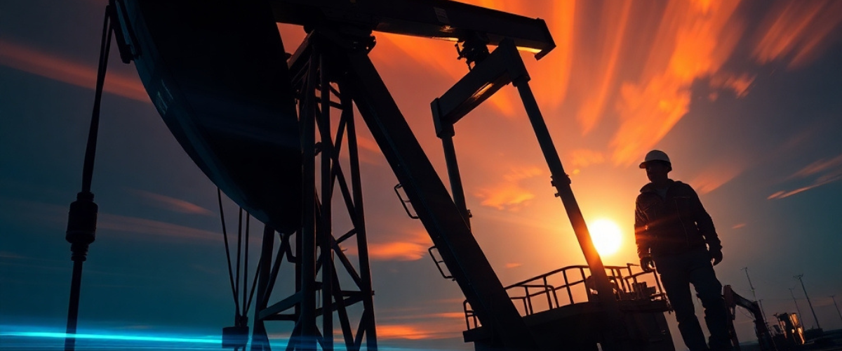 Person standing next to an oil pumpjack against a sunset sky