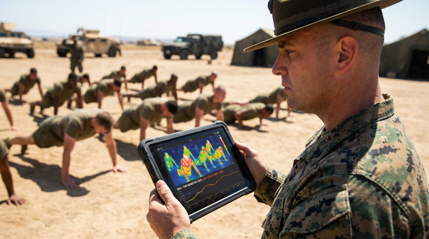 Soldier using a Mij tablet in a desert training exercise with other soldiers and military vehicles in the background.