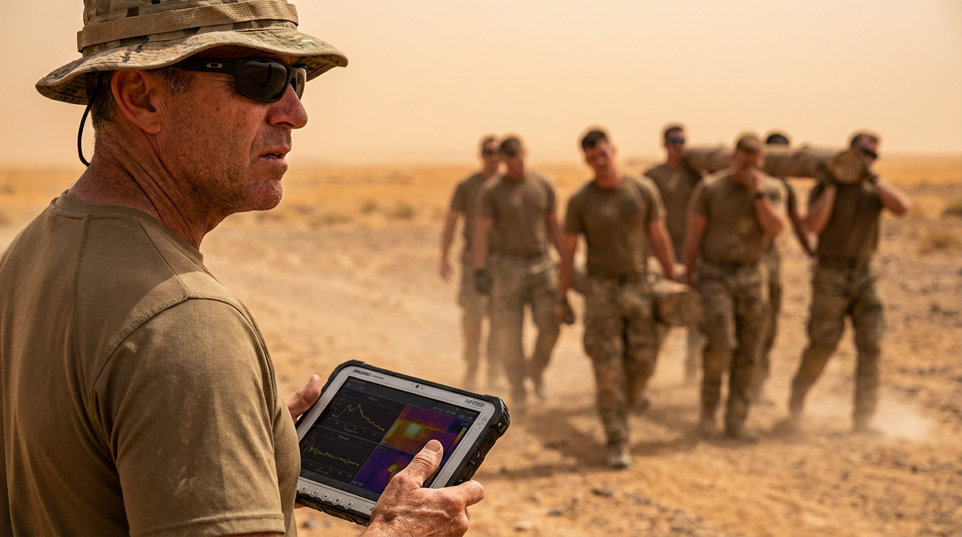 Man in military uniform using a MIJ tablet in a desert setting with other soldiers in the background.