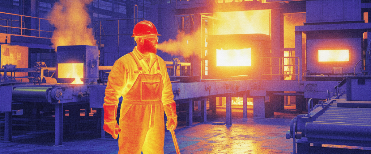 Person in protective gear standing in a high-temperature industrial setting with glowing furnaces.