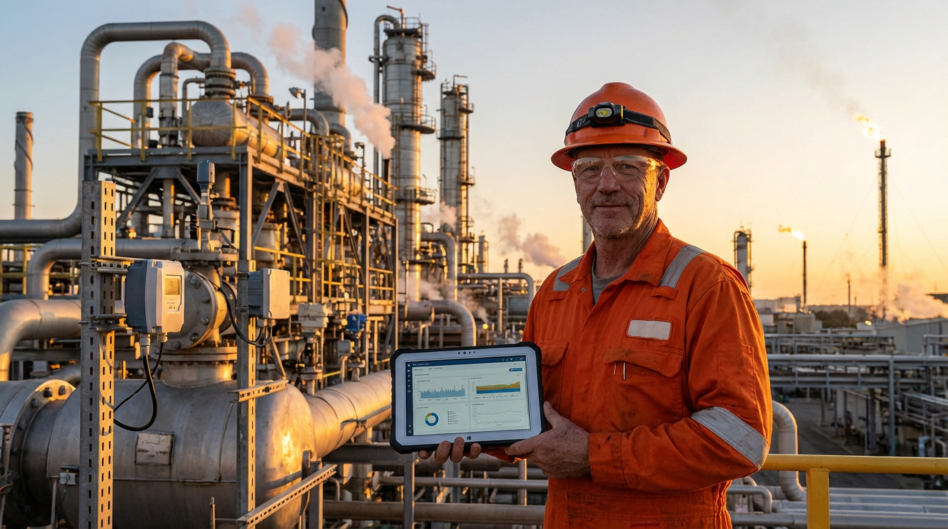 Person in orange safety gear holding a tablet in front of an industrial plant.
